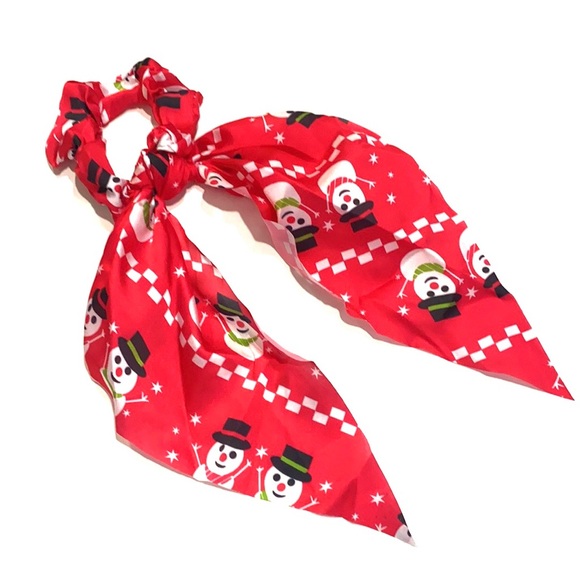 Christmas Holiday Scarf Scrunchie Ponytail Holder 2 in 1 Red Snowman - Picture 2 of 5